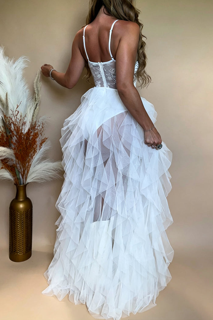 Rhinestone Lace Bustier Adjustable Strap Maxi Dress