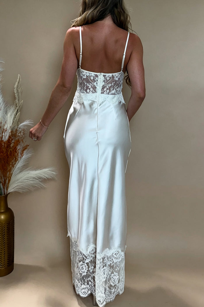 Lace Overlay Adjustable Strap Back Zipper Maxi Dress