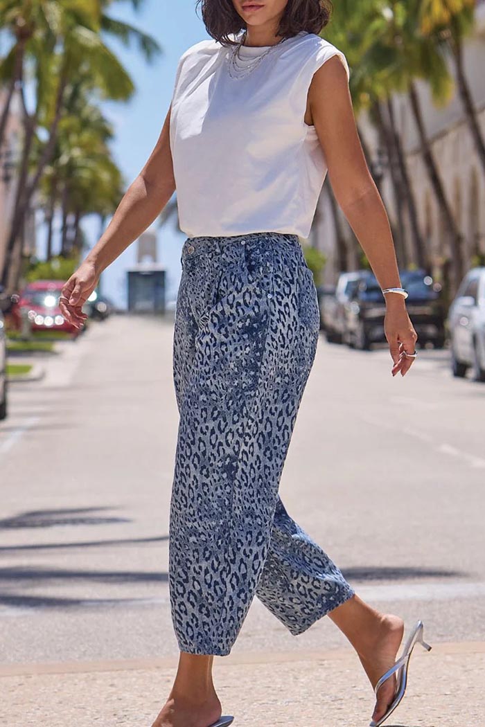Leopard Jacquard Barrel Leg Denim Jeans