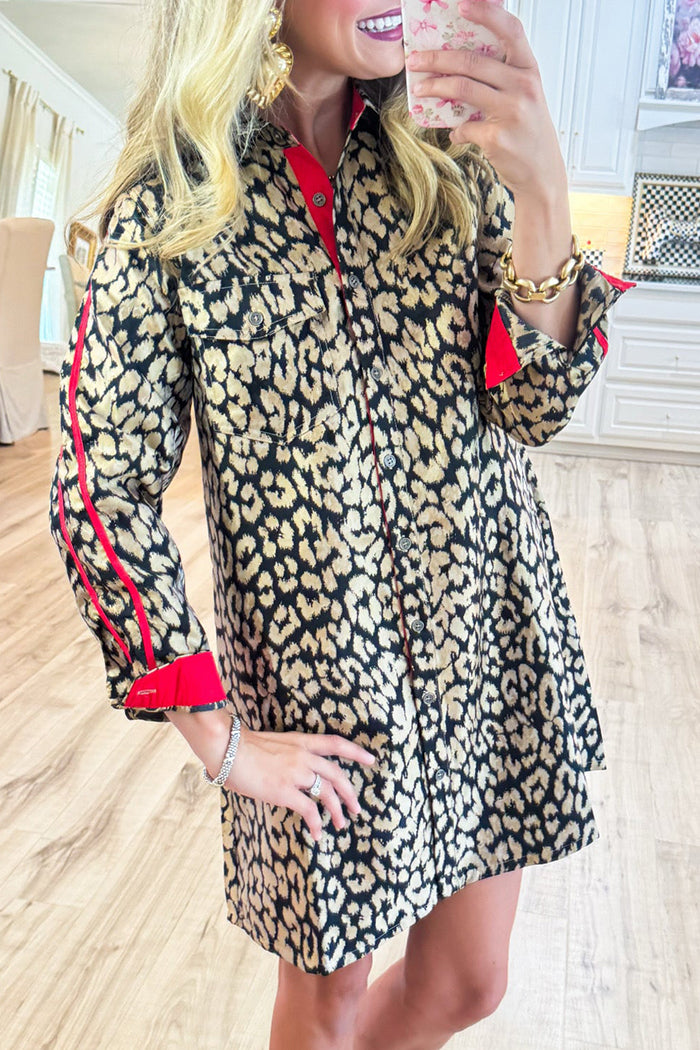 Leopard Print Button-Down Pocket Shirt Dress