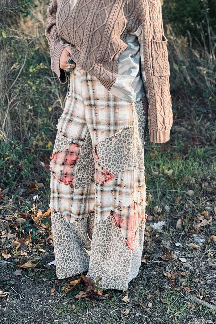 Patchwork Plaid & Leopard Wide-Leg Pants