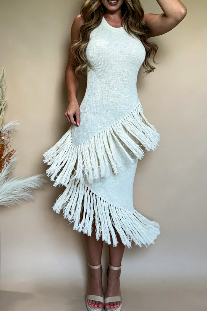 Crew Neck Sleeveless Asymmetrical Loop Fringe Midi Dress
