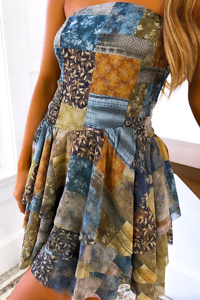 Strapless Patchwork Floral Tiered Dress