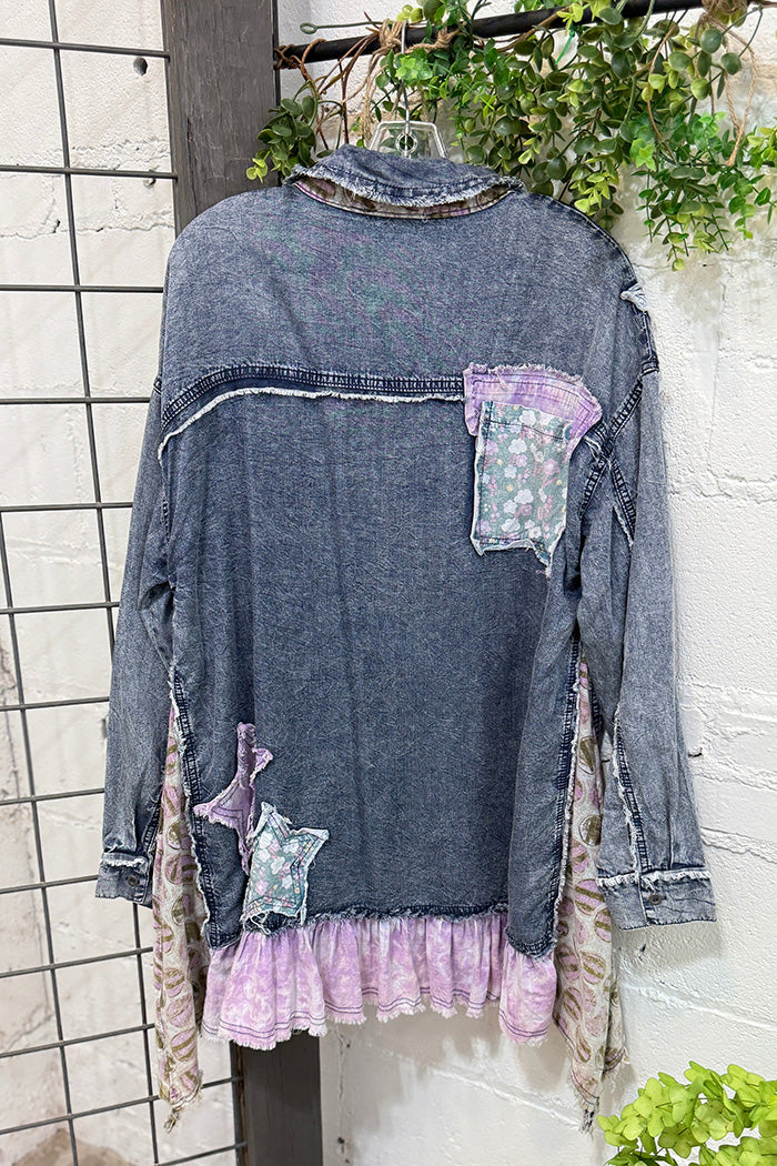 Pocketed Patchwork Denim Ruffle Top