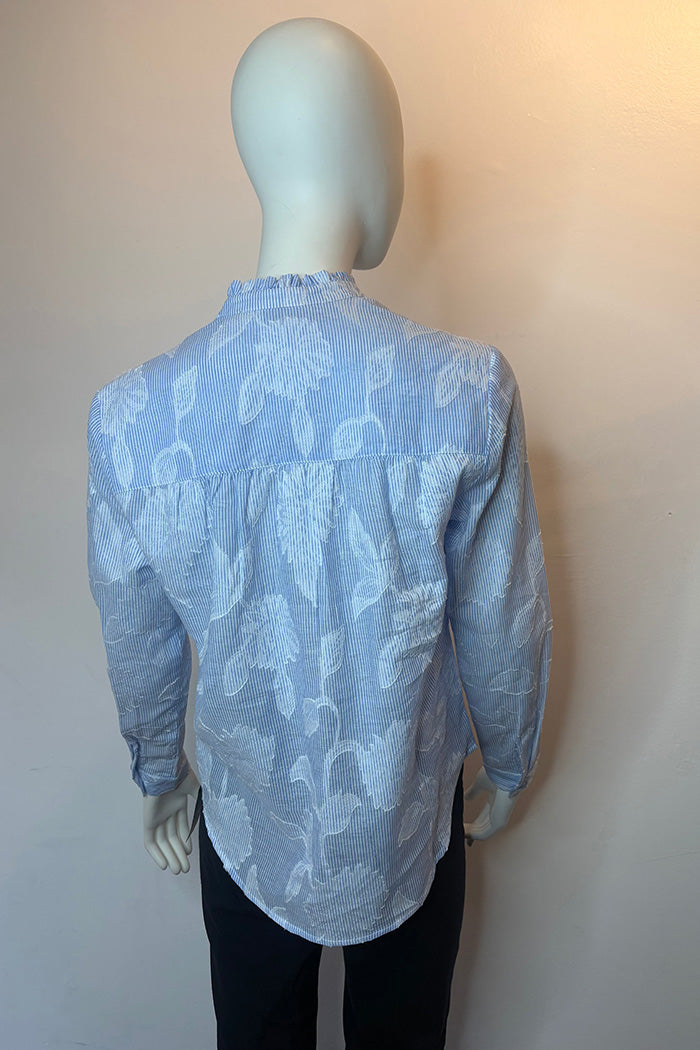 Flowly Ruffle Collar Stripe Leaf Print Top