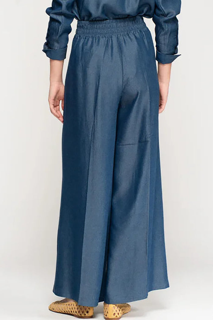 Denim Pleated Wide Leg Pocket Pant