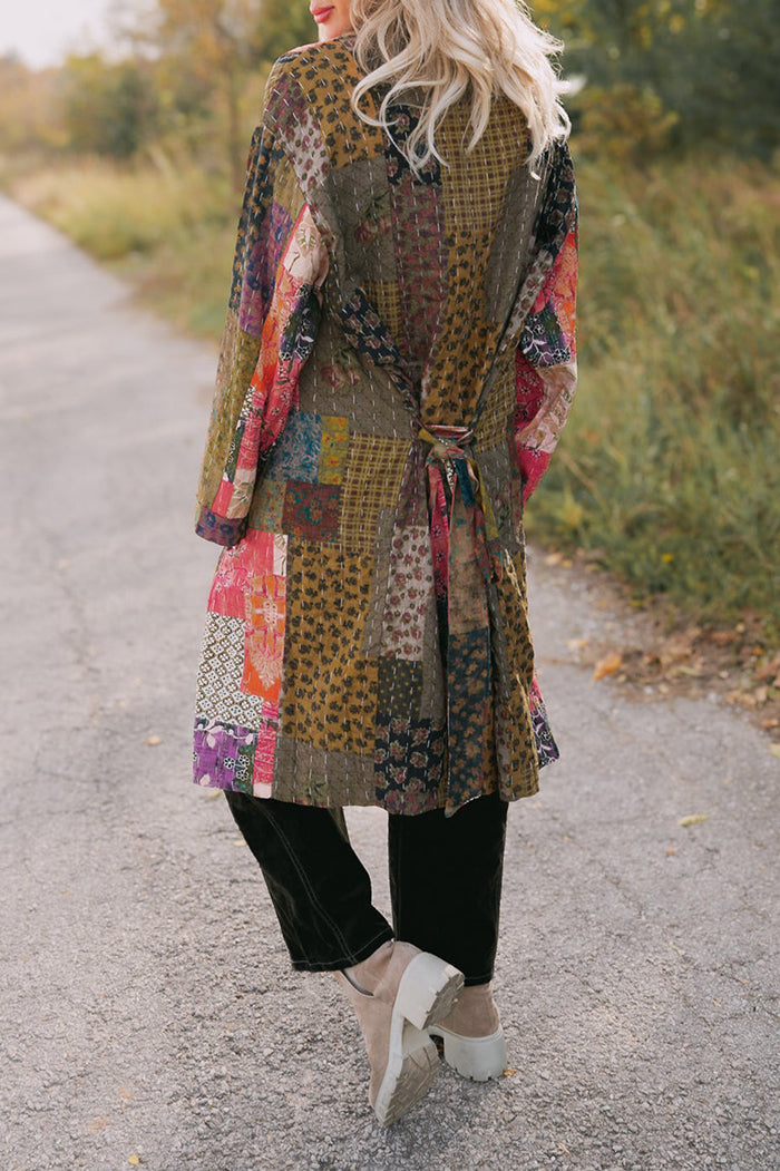Eclectic Mixed-Pattern Tie-Waist Duster