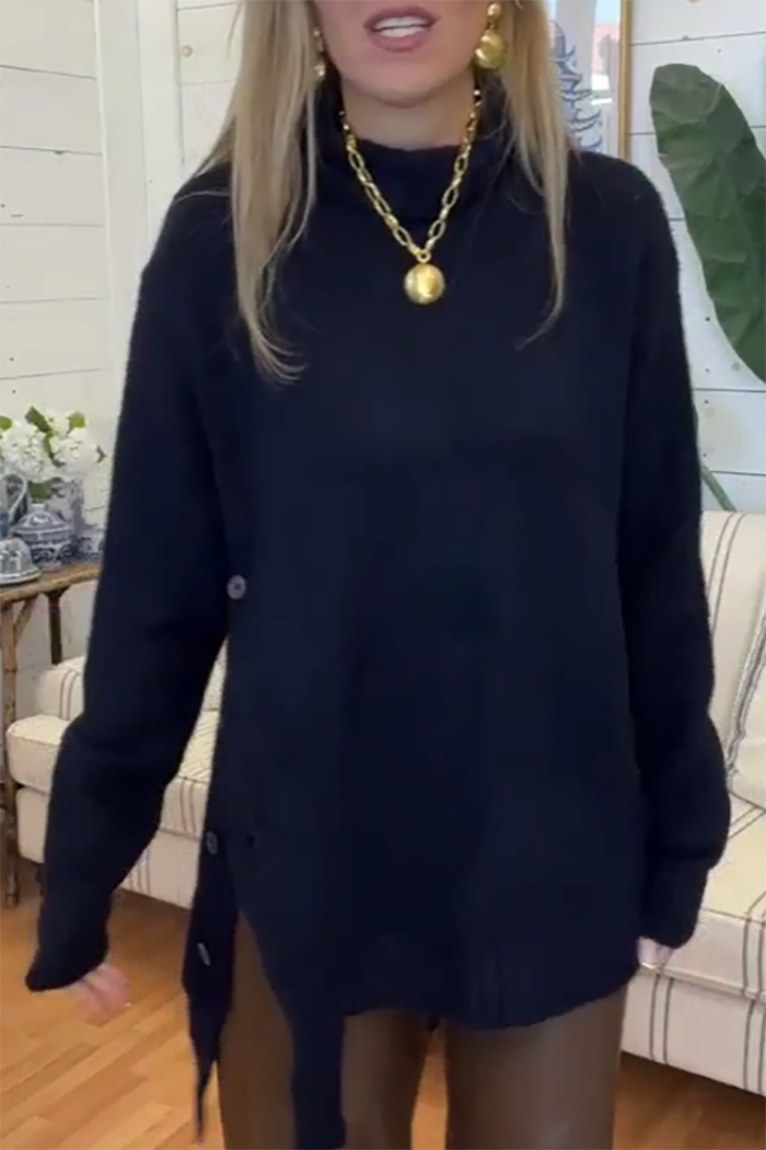 Turtleneck Side Button Asymmetrical Sweater