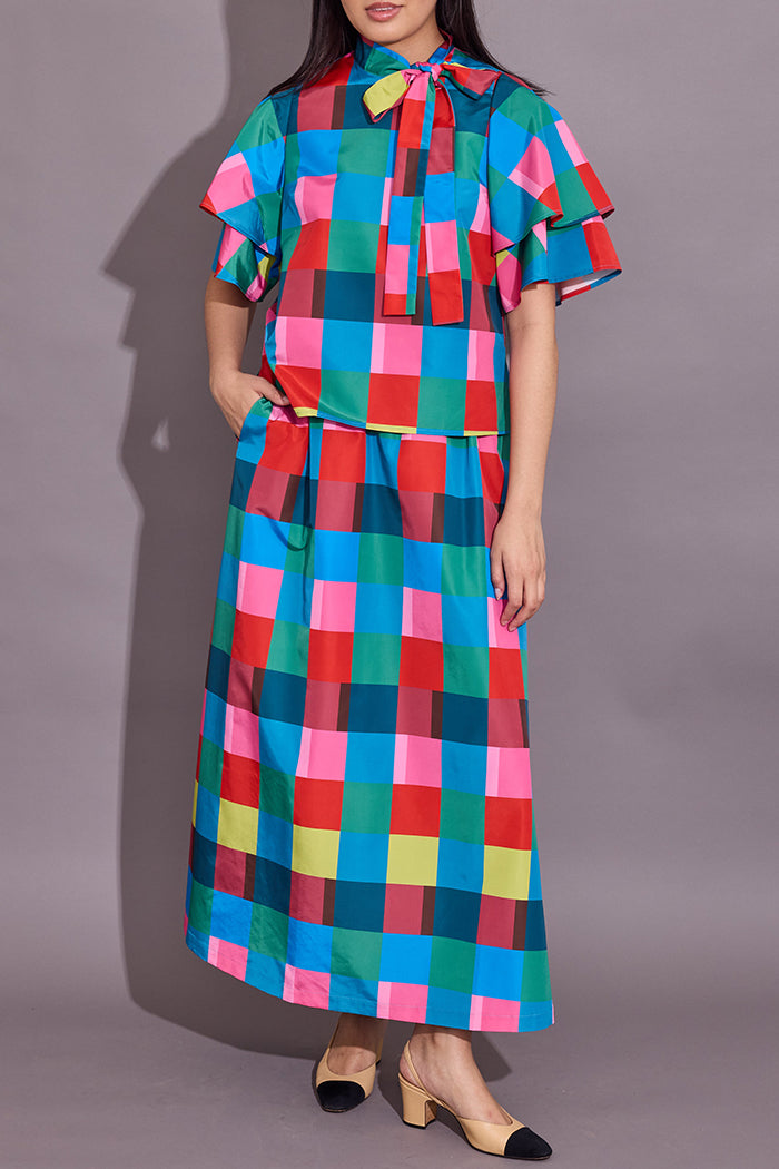 Vibrant Color-Block Plaid Maxi Skirt
