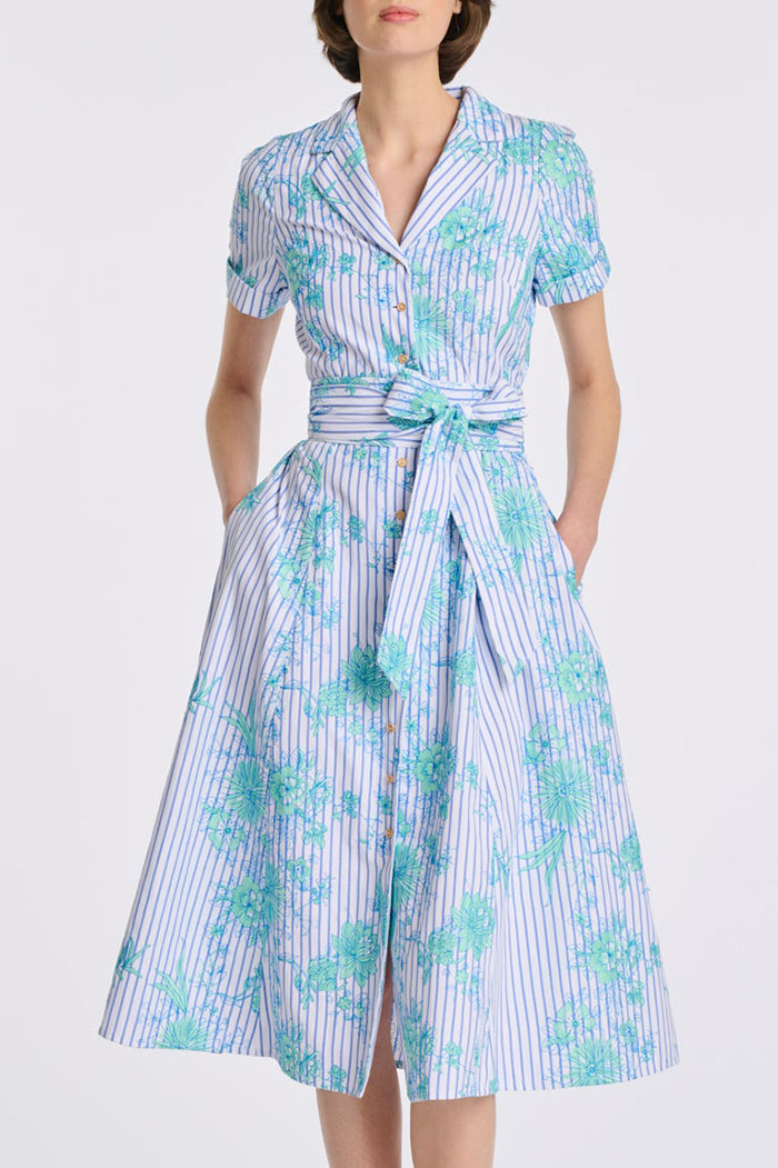 Stripe Floral Belted Pocket Dress