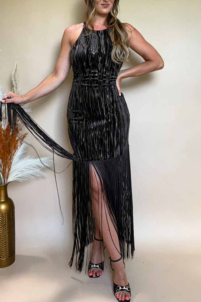 Halter Back Cross Strap Fringe Maxi Dress