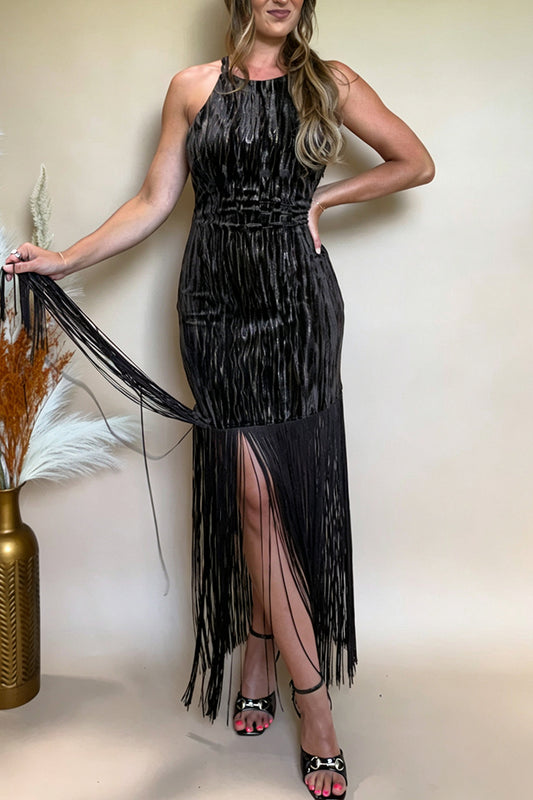 Halter Back Cross Strap Fringe Maxi Dress