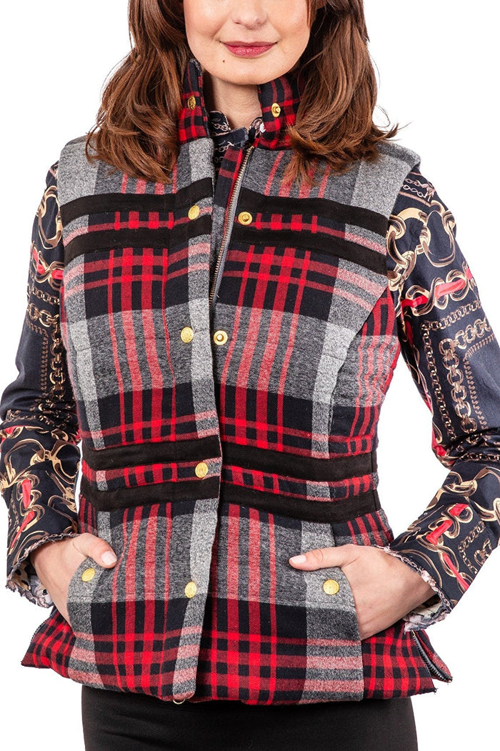 Plaid Gold Button Pocketed Peplum Vest