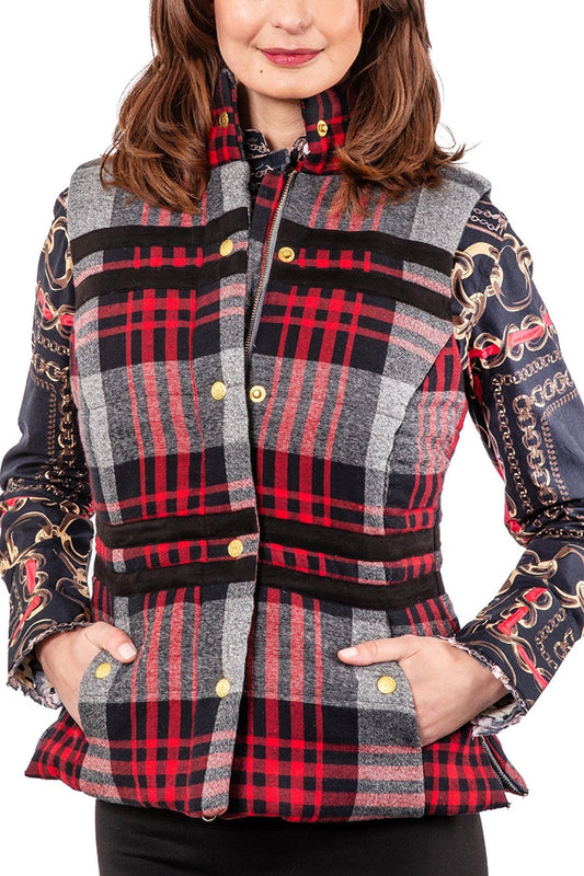 Plaid Gold Button Pocketed Peplum Vest