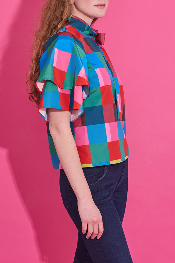 Color-Block Plaid Bow-Tie Ruffle Top