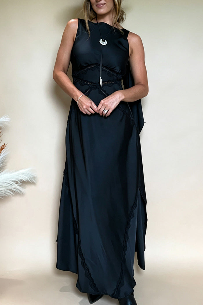 Black Cape Strap Lace Cutout Maxi Dress