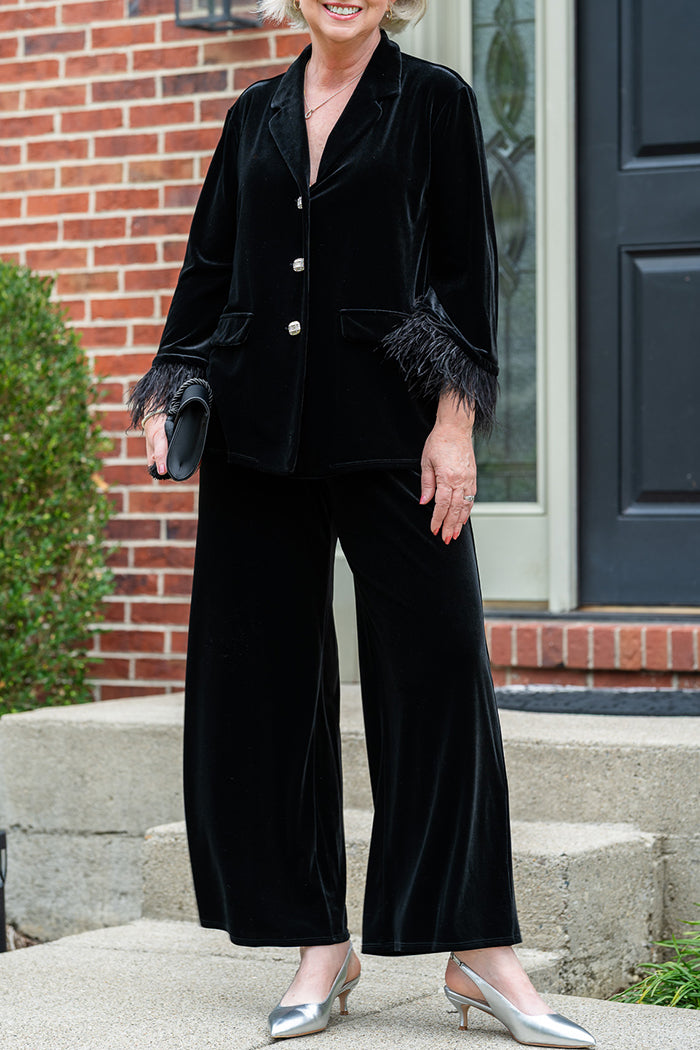 Black Velvet Feather-Cuff Pocket Jacket