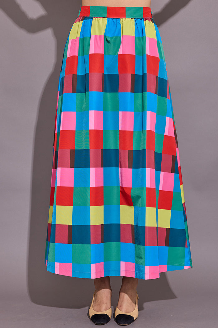 Vibrant Color-Block Plaid Maxi Skirt