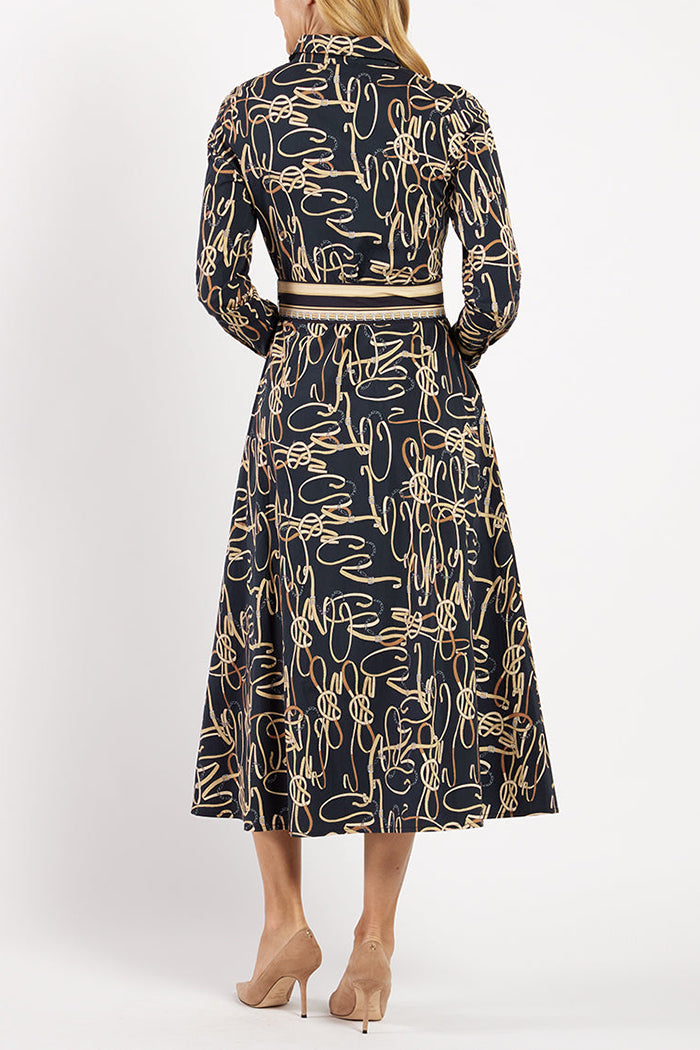 Script-Print Belted Midi Dress