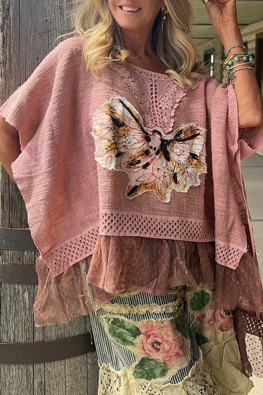 Lace Trim Tiered Hem Butterfly Applique Poncho