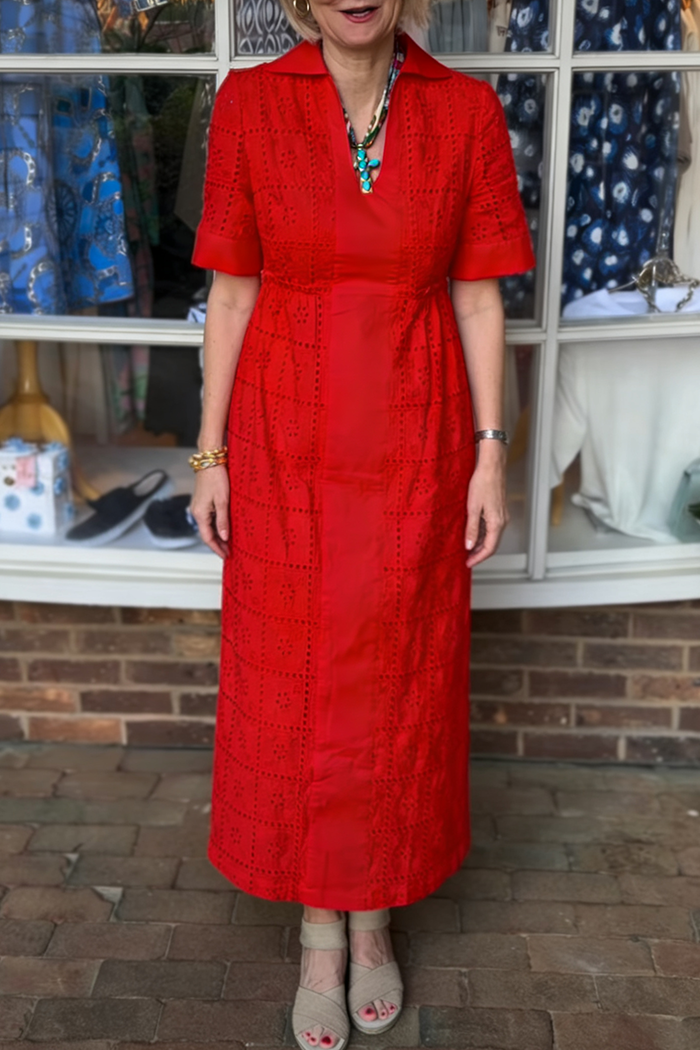 Red Short Sleeve Eyelet Maxi Dress