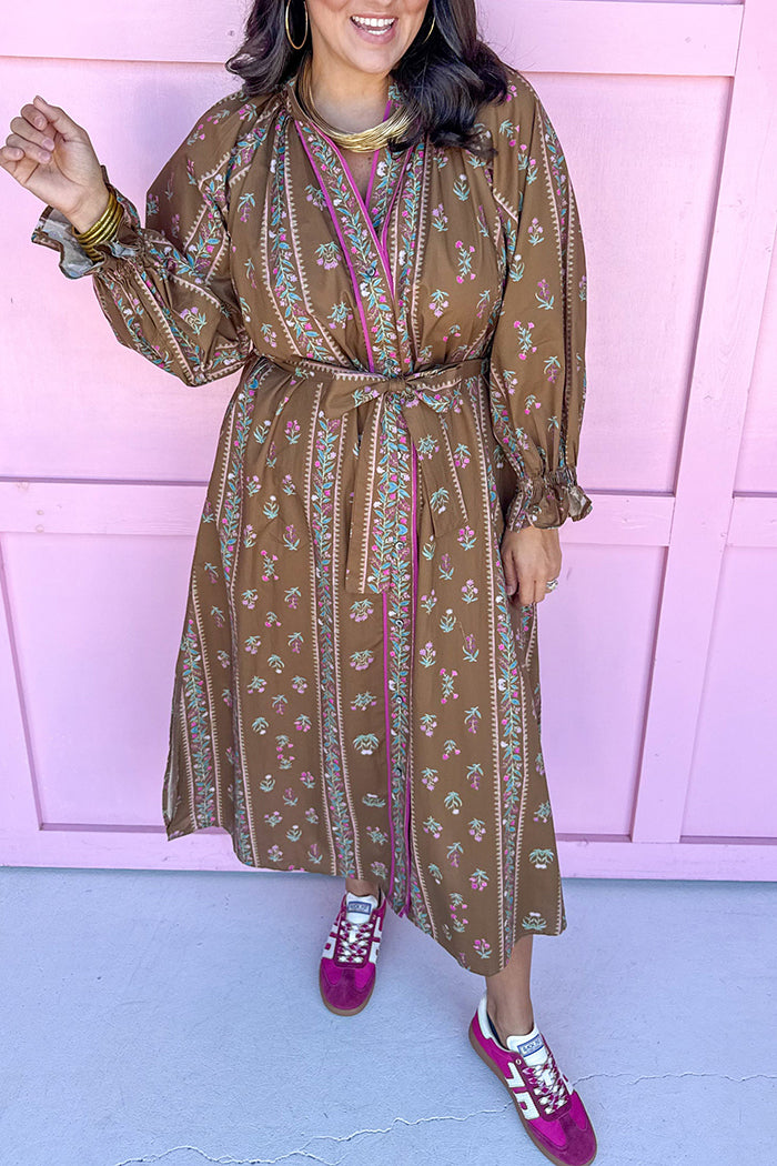 Pop Collar Ruffle Sleeve Pocket Midi Dress