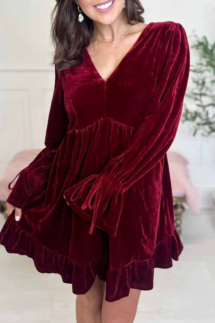 Velvet V-Neck Ruffle Hem Dress