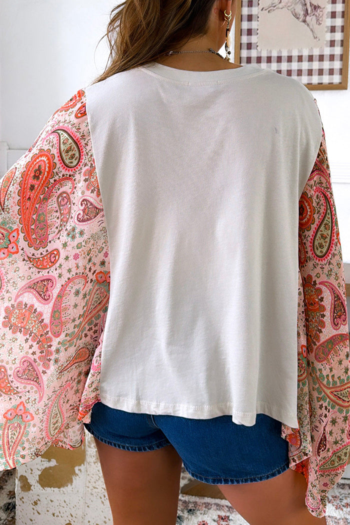 Long Sleeve Paisley Spliced Graphic Top