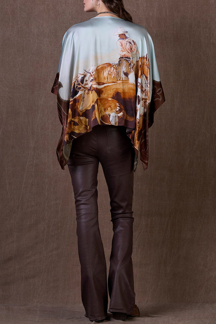 Pale Blue Western Print Poncho