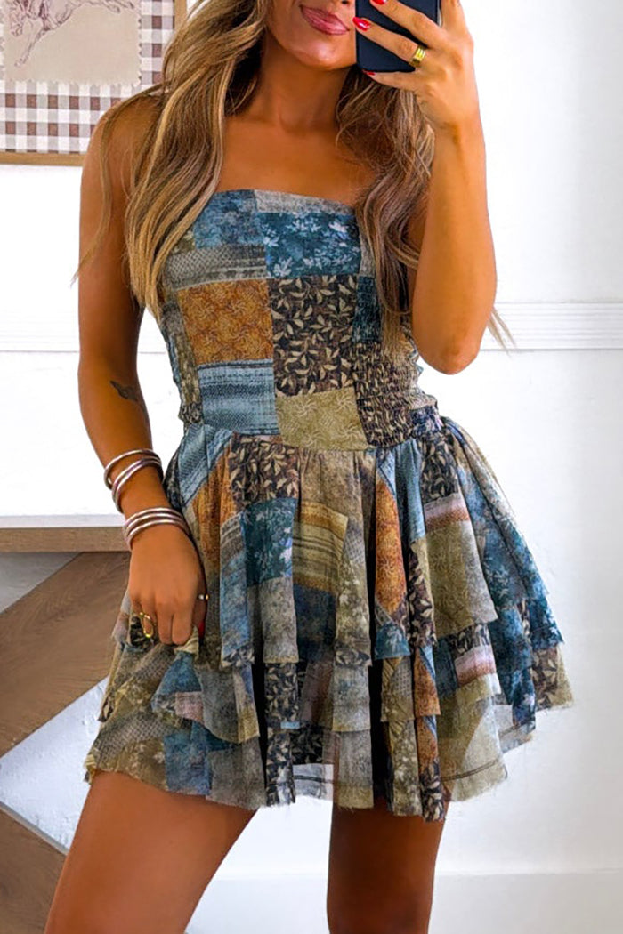 Strapless Patchwork Floral Tiered Dress