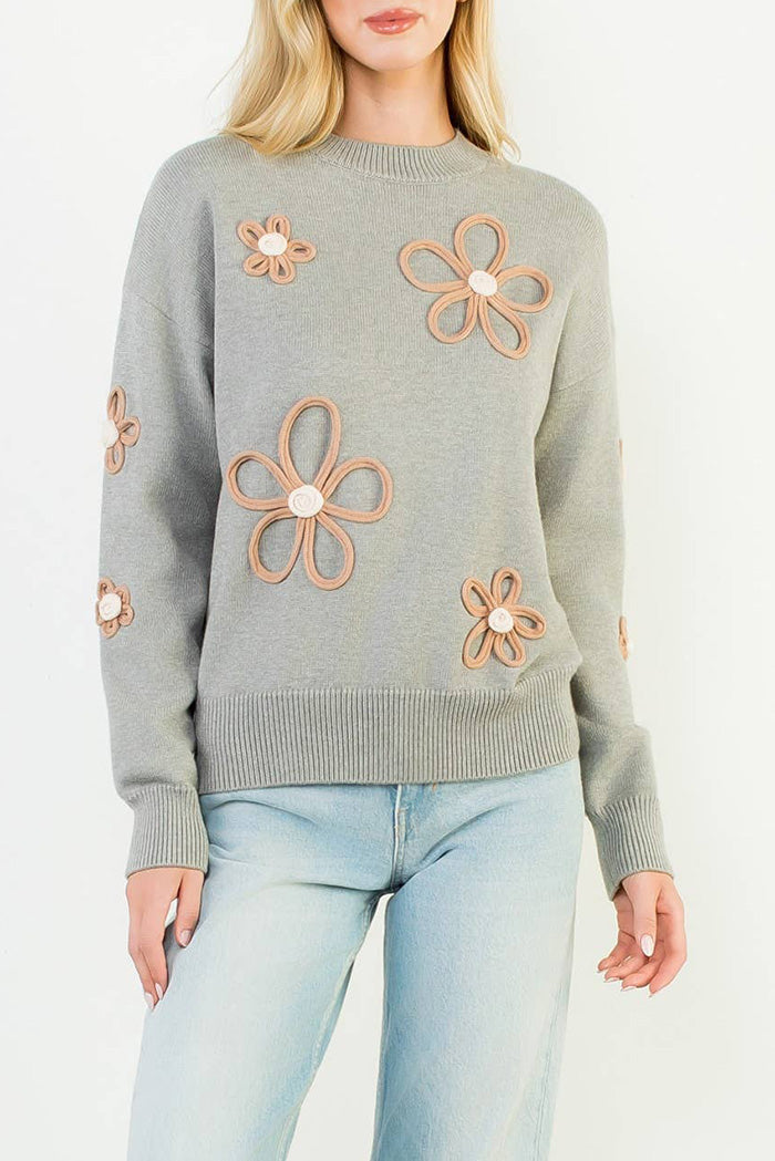 Long Sleeve Grey Flower Sweater