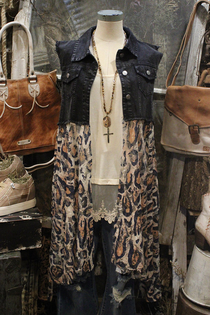 Button Front Denim Leopard Spliced Vest