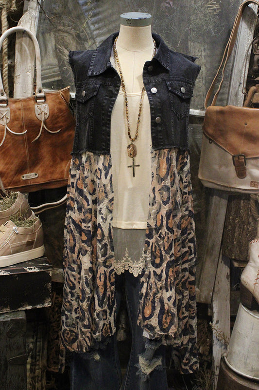 Button Front Denim Leopard Spliced Vest