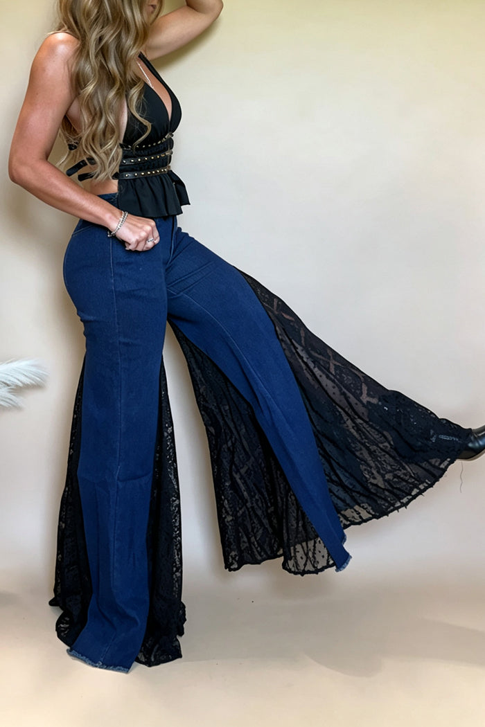 Denim Asymmetrical Lace Insert Bell Bottom Pants