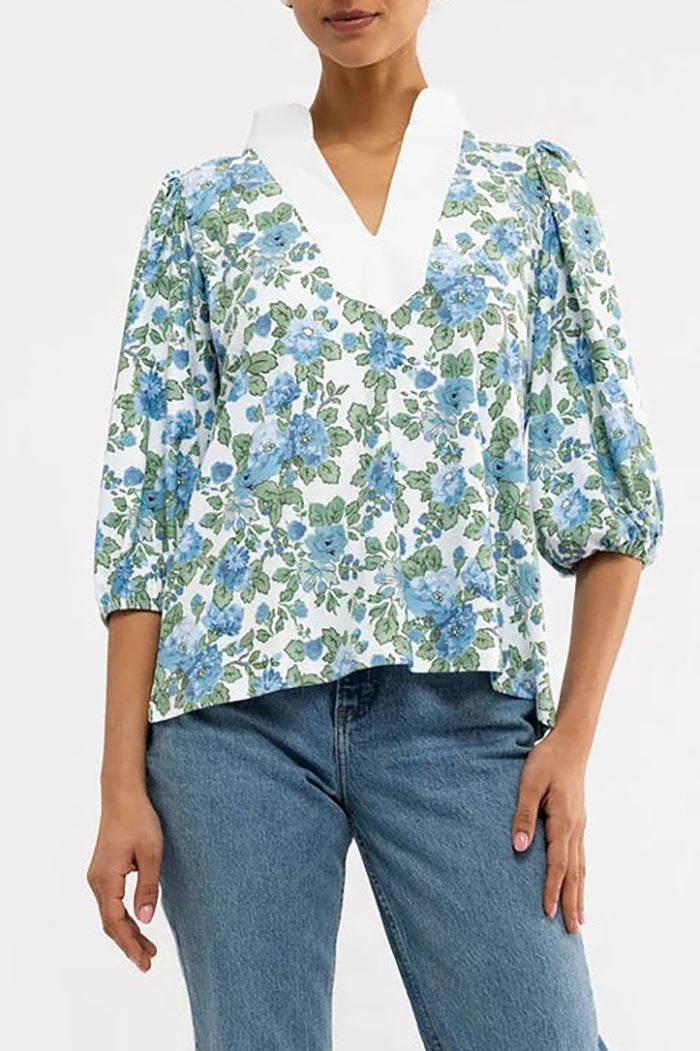 Floral Puff Sleeve Split Collar Top