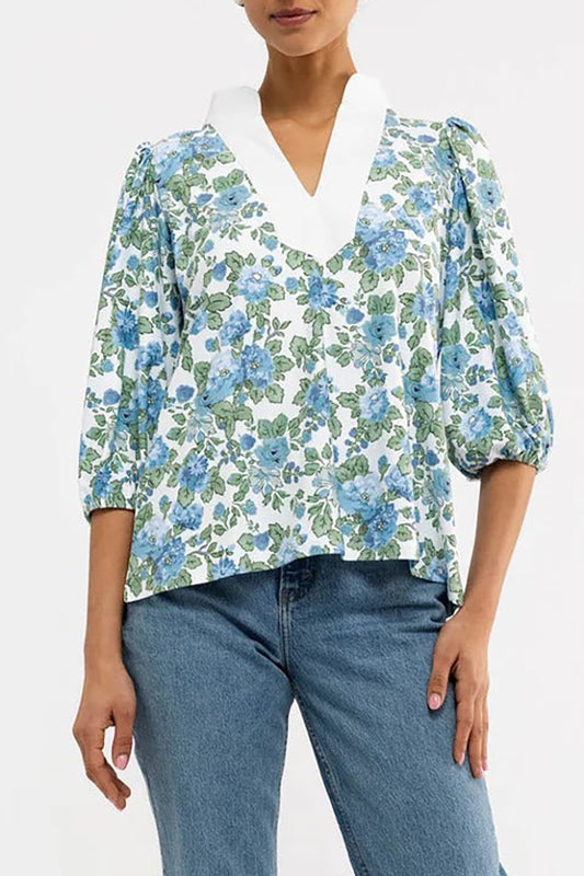 Floral Puff Sleeve Split Collar Top