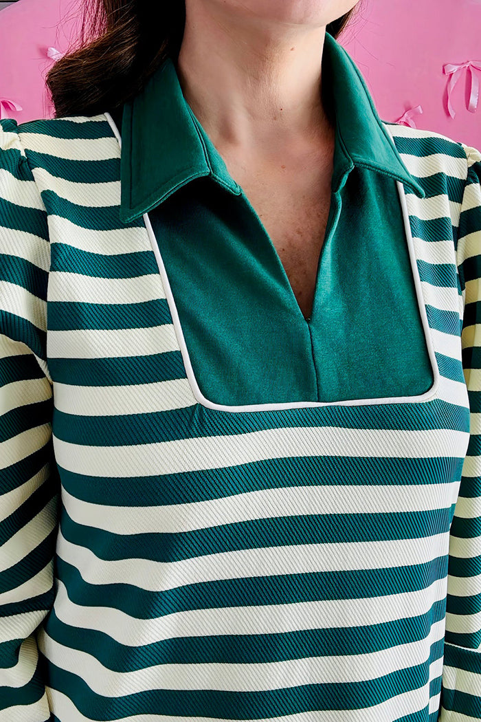 V-Neck Long Sleeves Stripe Pocket Midi Dress