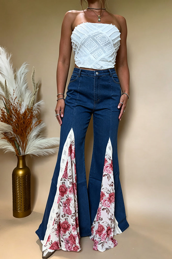 Mid Wash Denim Asymmetrical Floral Insert Flare Pants
