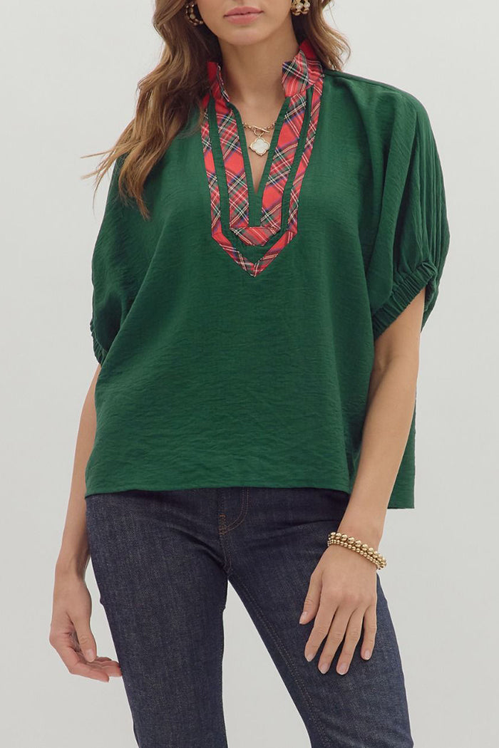 Plaid Layered Collar Dolman-Sleeve Blouse