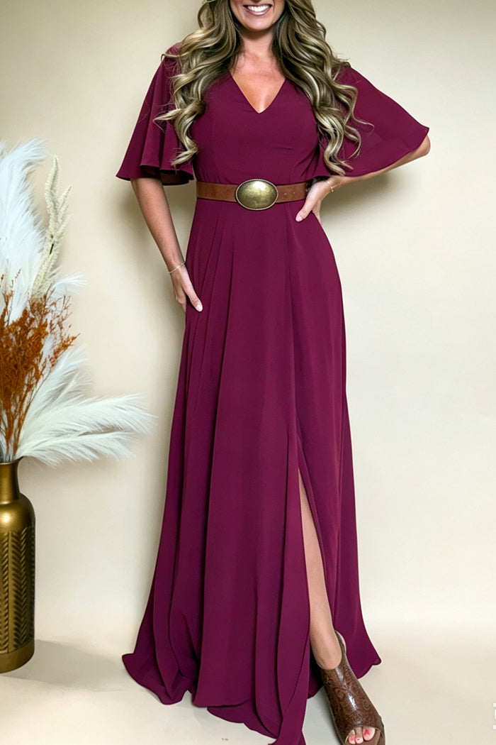 Flutter Sleeve Split Back Zip Maxi Dress