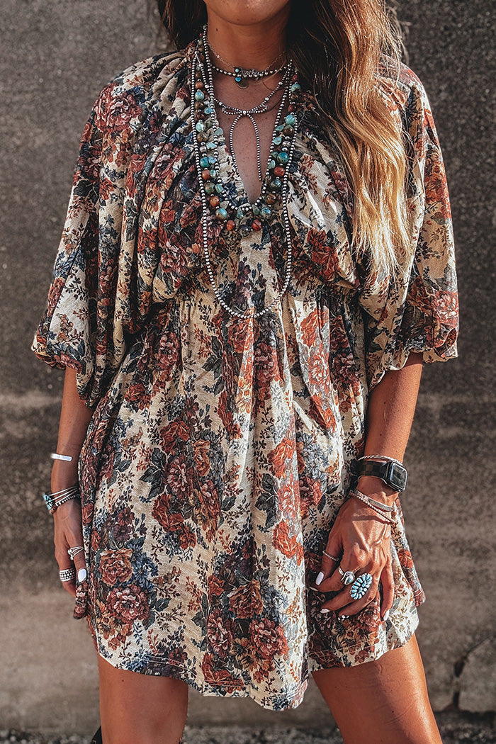Relaxed Floral Print Batwing Sleeve Dress