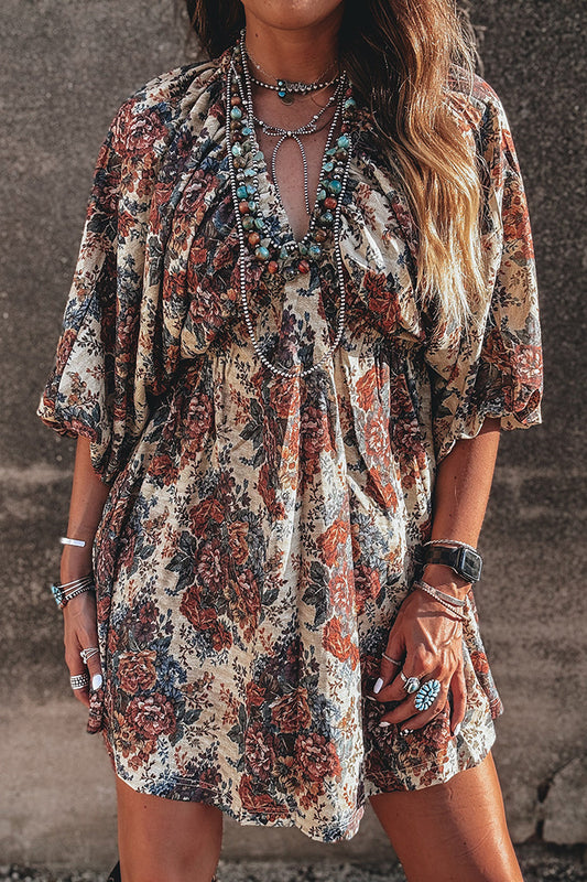 Relaxed Floral Print Batwing Sleeve Dress