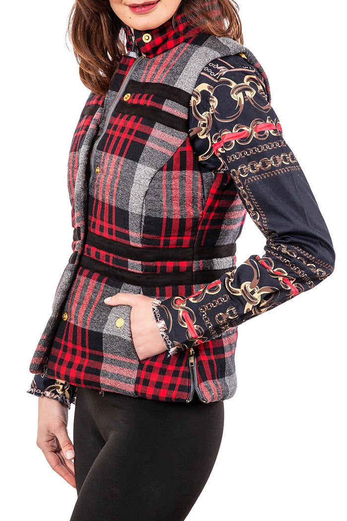 Plaid Gold Button Pocketed Peplum Vest