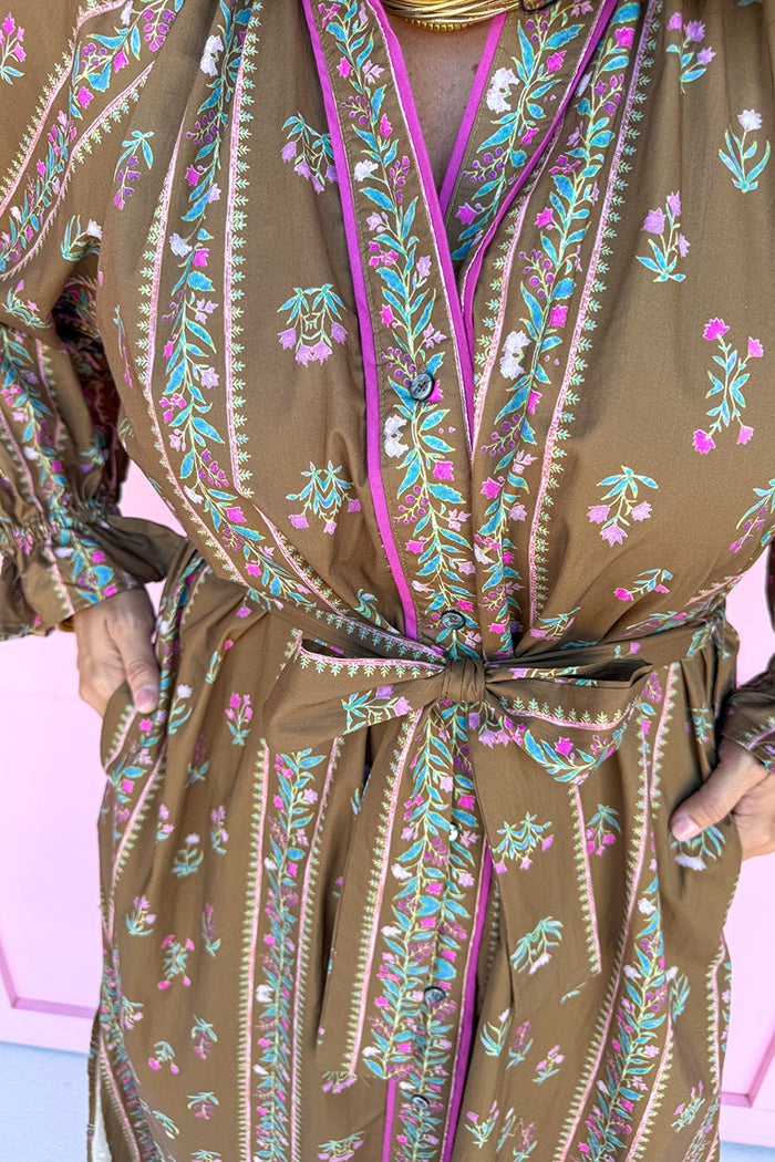 Pop Collar Ruffle Sleeve Pocket Midi Dress