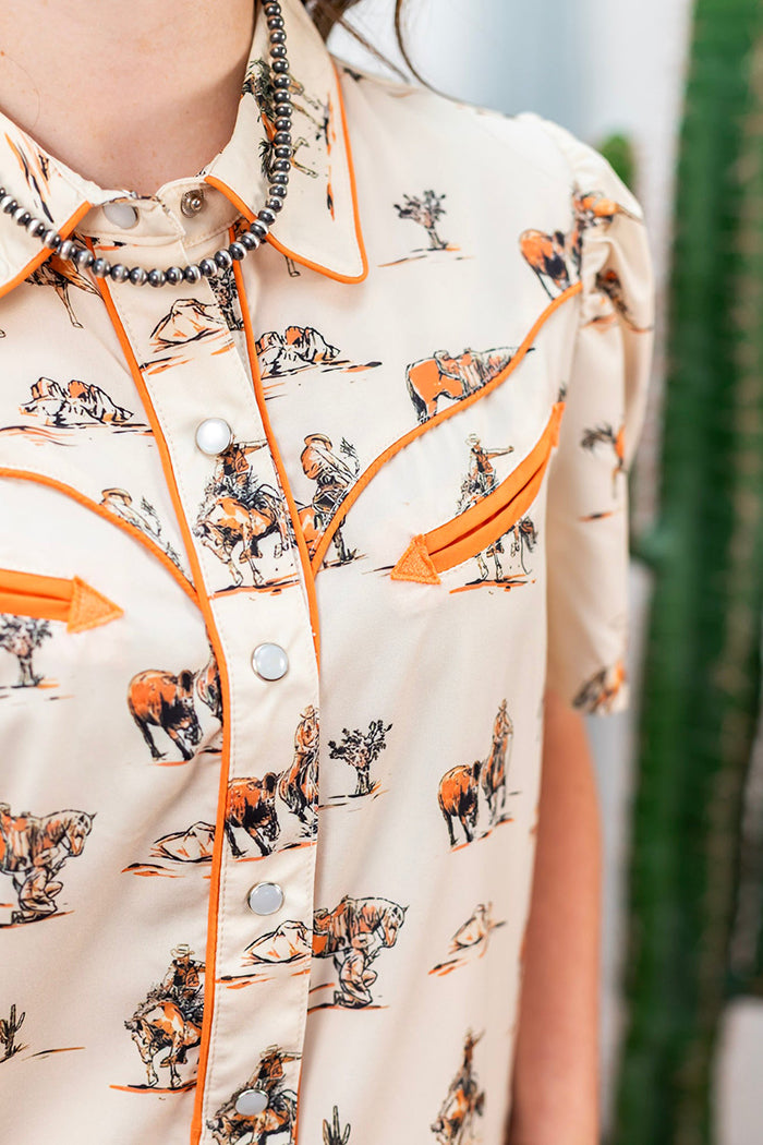Collared Short Sleeve Western Printed Top