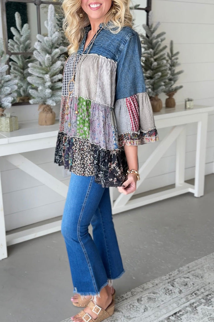 Boho Patchwork Plaid Floral Tiered Top