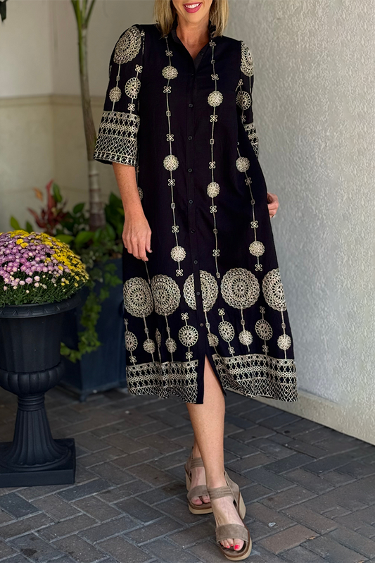 Moonlit Lace Embroidered Pocket Midi Dress
