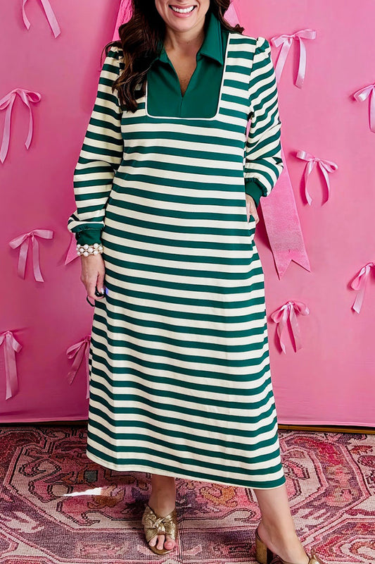 V-Neck Long Sleeves Stripe Pocket Midi Dress