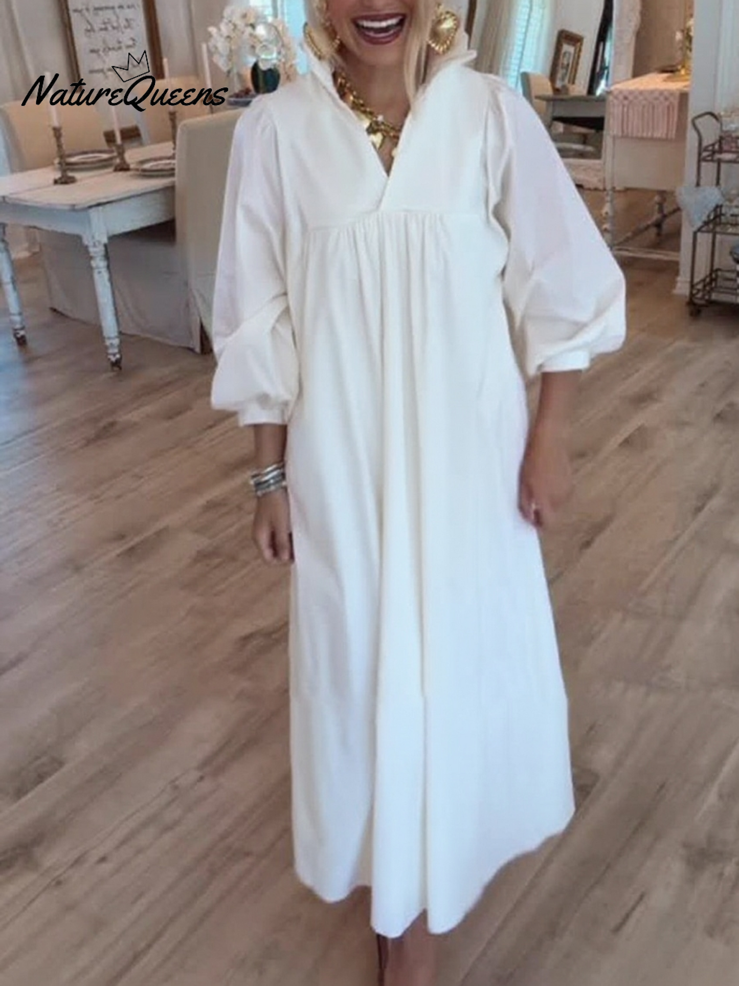 Women's Lace Stand Collar Loose Cotton Dress
