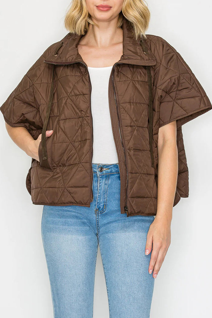 Brown Zip Pocketed Short-Sleeve Puffer Jacket
